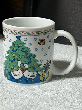 Vintage Christmas Tree & Goose Ceramic Holiday Mug - White Cottagecore